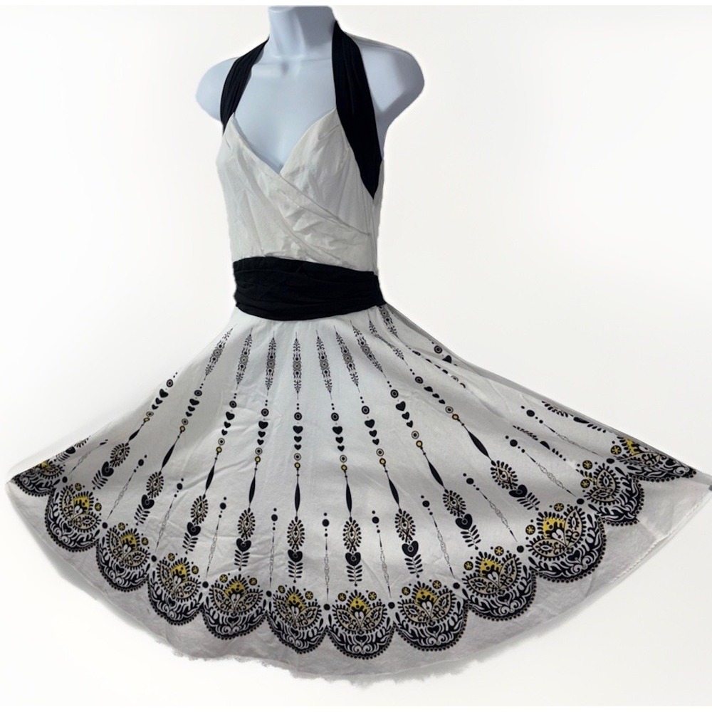 Vintage Y2K Rubber Ducky Halter Dress White Black Medallion Border